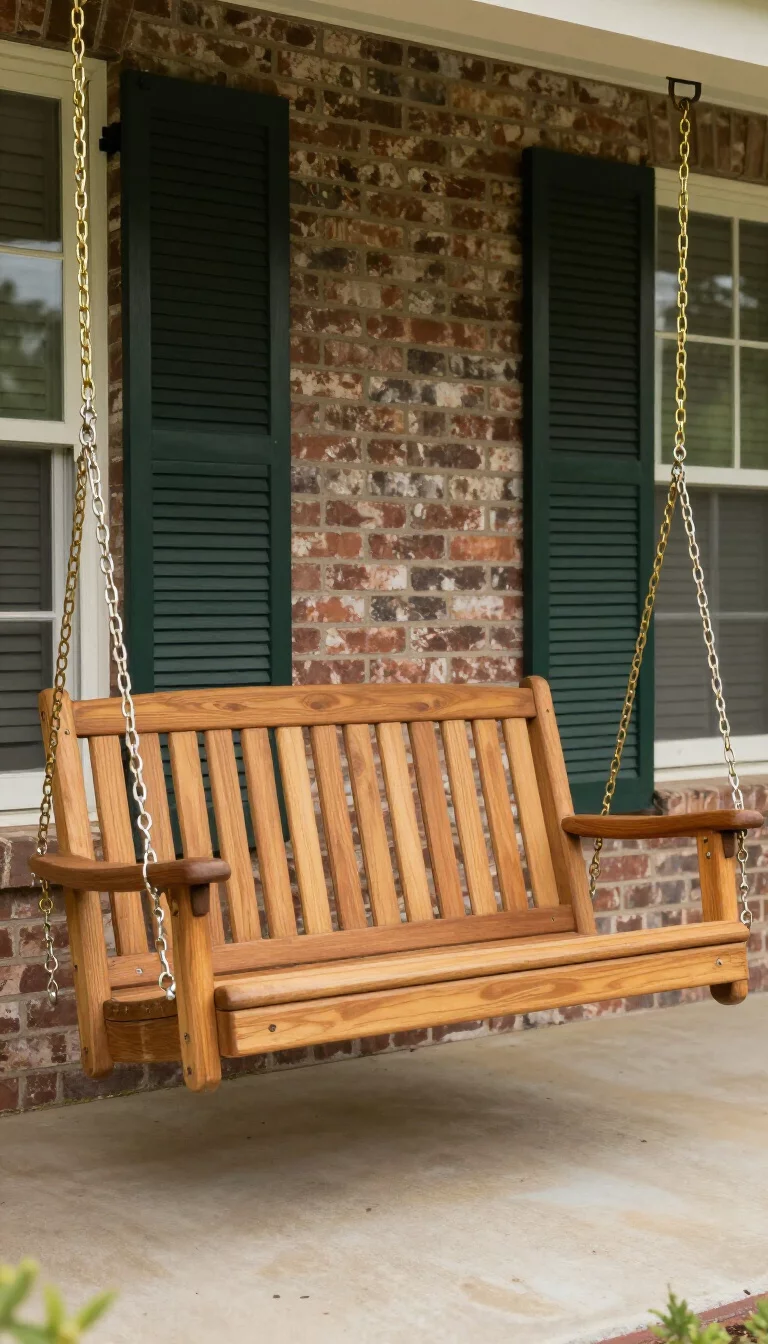 A realistic photo of a typical American home's porch showcasing a high-quality honey-colored teak wood swing for two, attached with shiny brass chains that catch the light, set against a backdrop of dark green shutters and a brick wall.