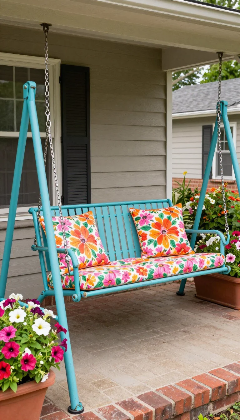 A realistic photo of a typical American home's small brick porch featuring a restored turquoise metal glider swing from the mid-century era, fitted with bright floral patterned cushions in shades of pink and orange, surrounded by flower boxes with blooming petunias.