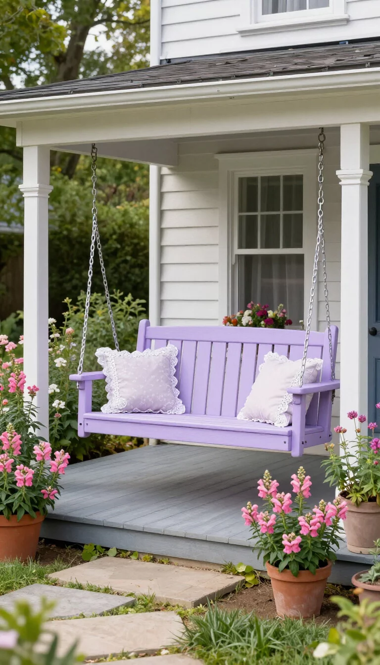 A realistic photo of a typical American home's whimsical porch with a light lavender painted wooden swing, decorated with lace-trimmed pillows and surrounded by overflowing pots of pink snapsdragons and wildflowers in a sunny cottage garden.