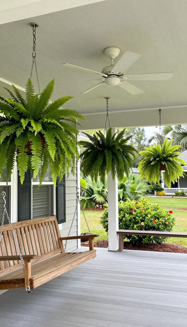 A realistic photo of a typical American home's deep wraparound porch featuring a wooden swing, a spinning white ceiling fan directly above, and several large lush green ferns hanging in baskets from the porch eaves in a humid climate.