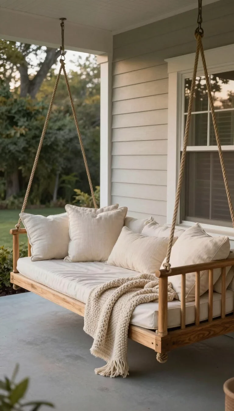 A realistic photo of a typical American home's wide porch showing a twin-sized wooden daybed hanging by four thick ropes, piled high with cream linen pillows and a chunky knit beige blanket, creating a luxurious outdoor sleeping nook in soft evening light.