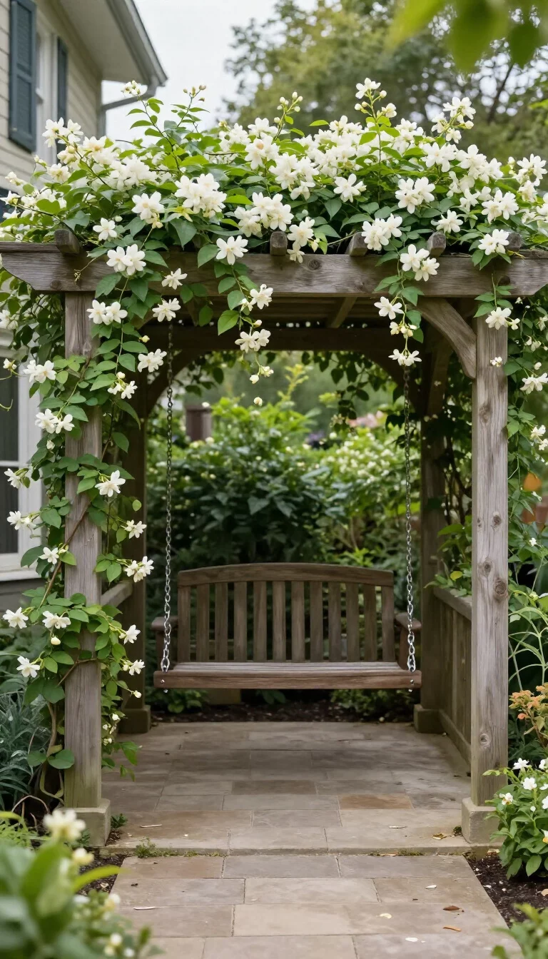 A realistic photo of a typical American home's garden path leading to a freestanding wooden pergola over a classic swing, with lush green vines and white jasmine flowers climbing the beams, creating a fragrant and private shaded seating area.
