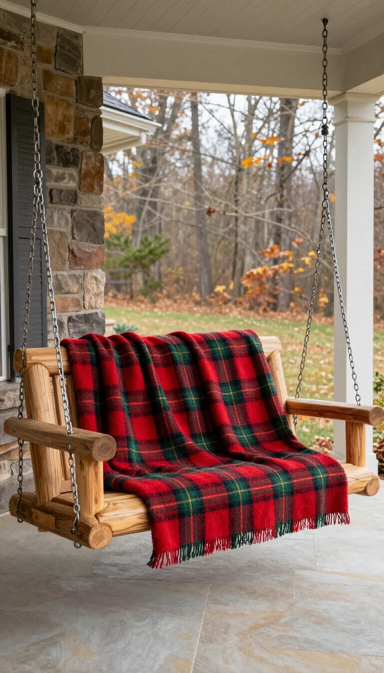 A realistic photo of a typical American home's stone-accented porch featuring a heavy swing made from unpeeled pine logs, draped with several thick red and green plaid wool blankets, looking out over a wooded yard during a crisp autumn afternoon with soft lighting.