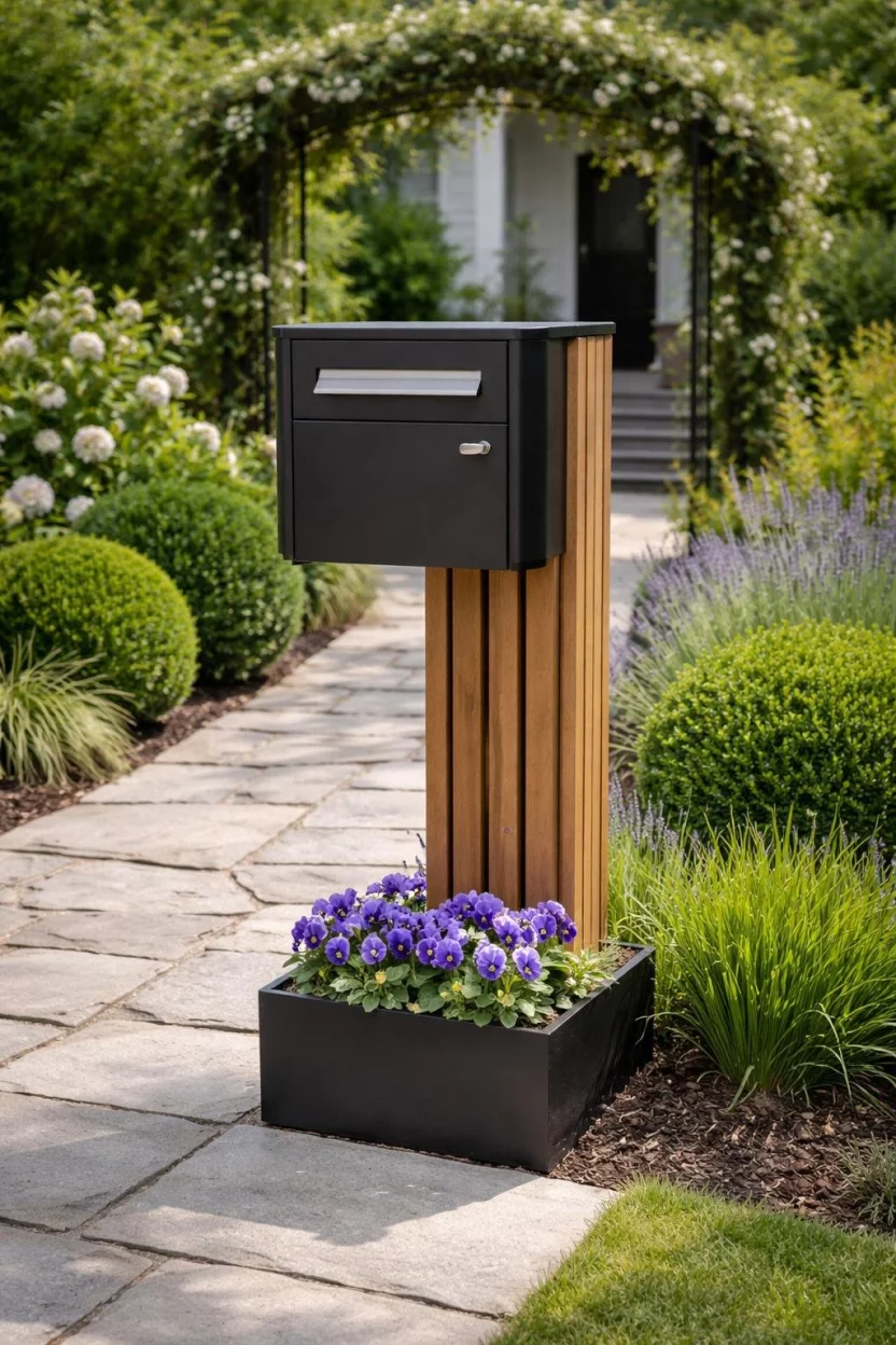 A realistic photo of a garden entrance with a modern black mailbox featuring a wood slat post and a small planter at the base with purple pansies.