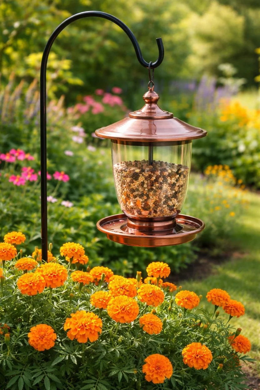 A realistic photo of a garden with a copper and glass bird feeder hanging from a black metal shepherd hook surrounded by orange marigolds.