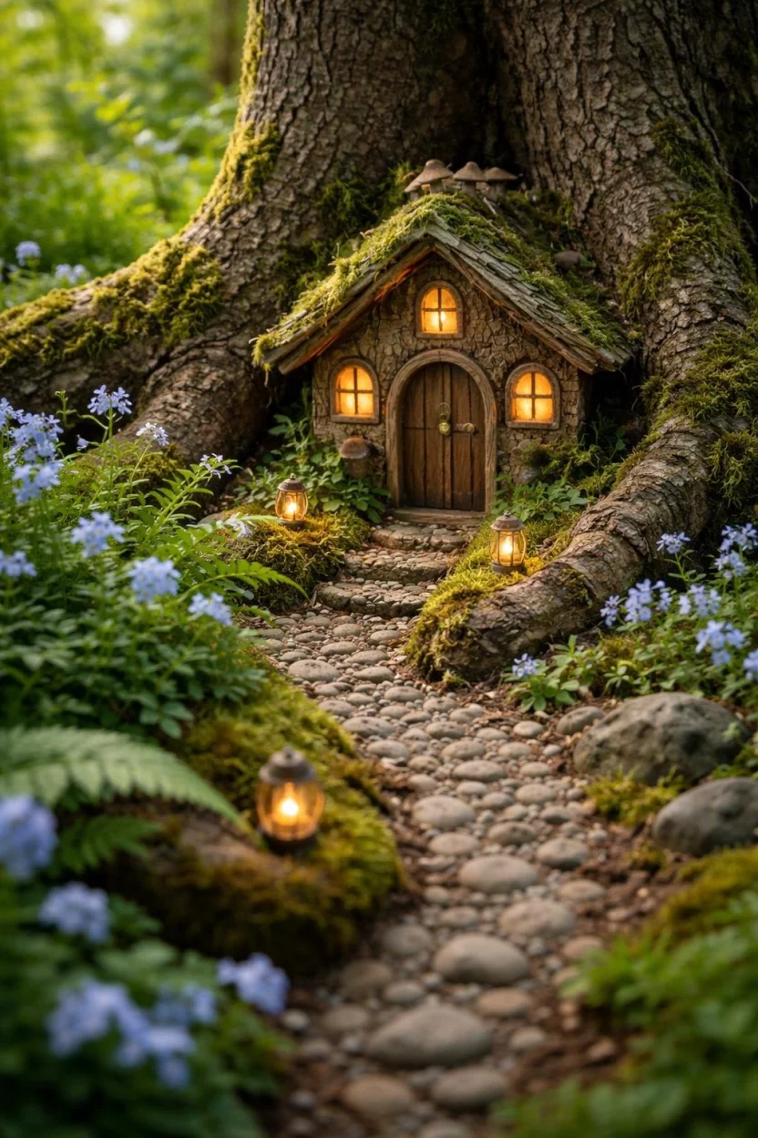 A realistic photo of a garden with a tiny wooden fairy house tucked under the roots of a large tree with miniature stone paths and tiny blue flowers.