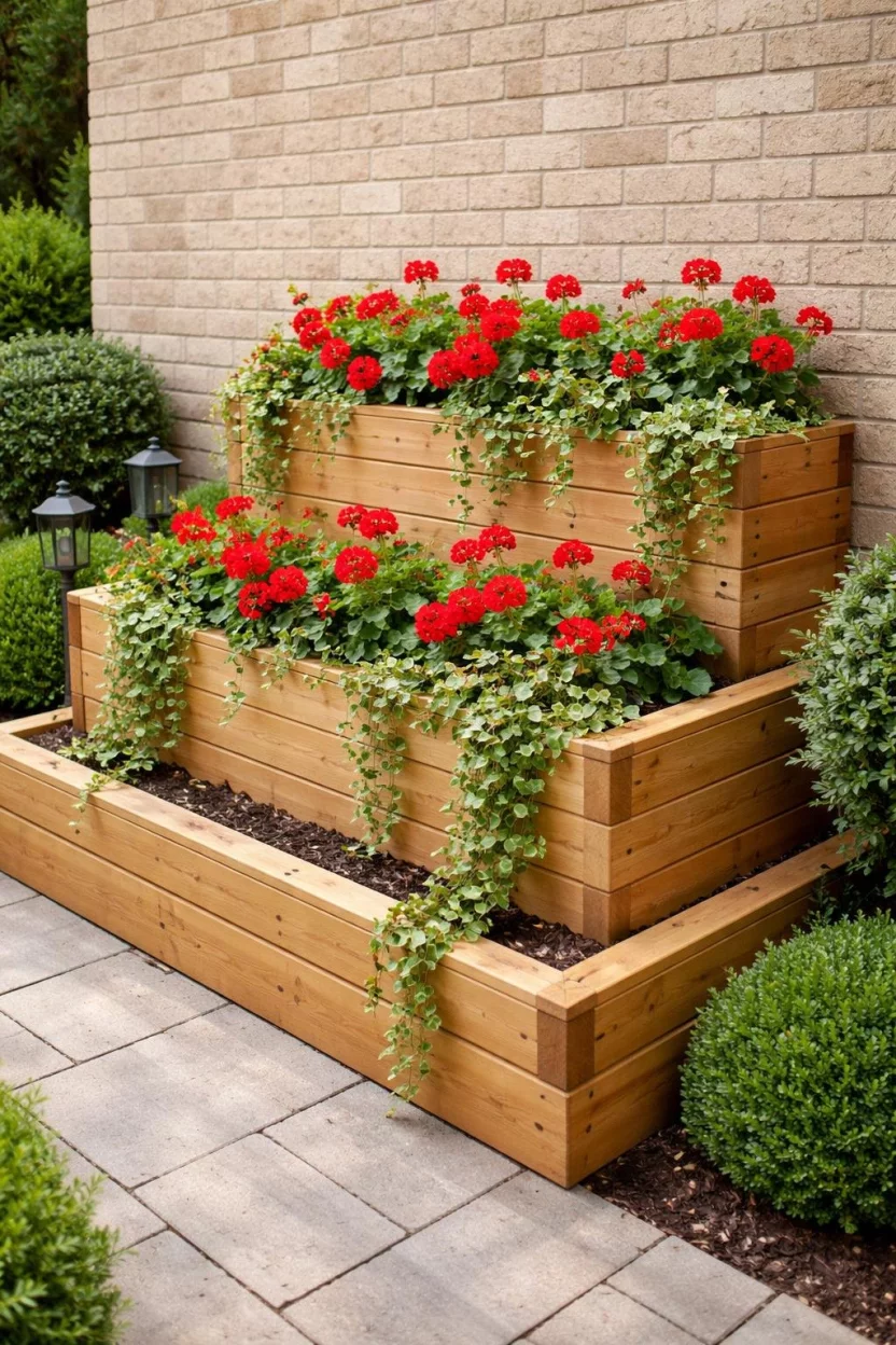 A realistic photo of a garden area with tiered cedar wood planter boxes holding bright red geraniums and trailing green ivy against a light tan brick wall.