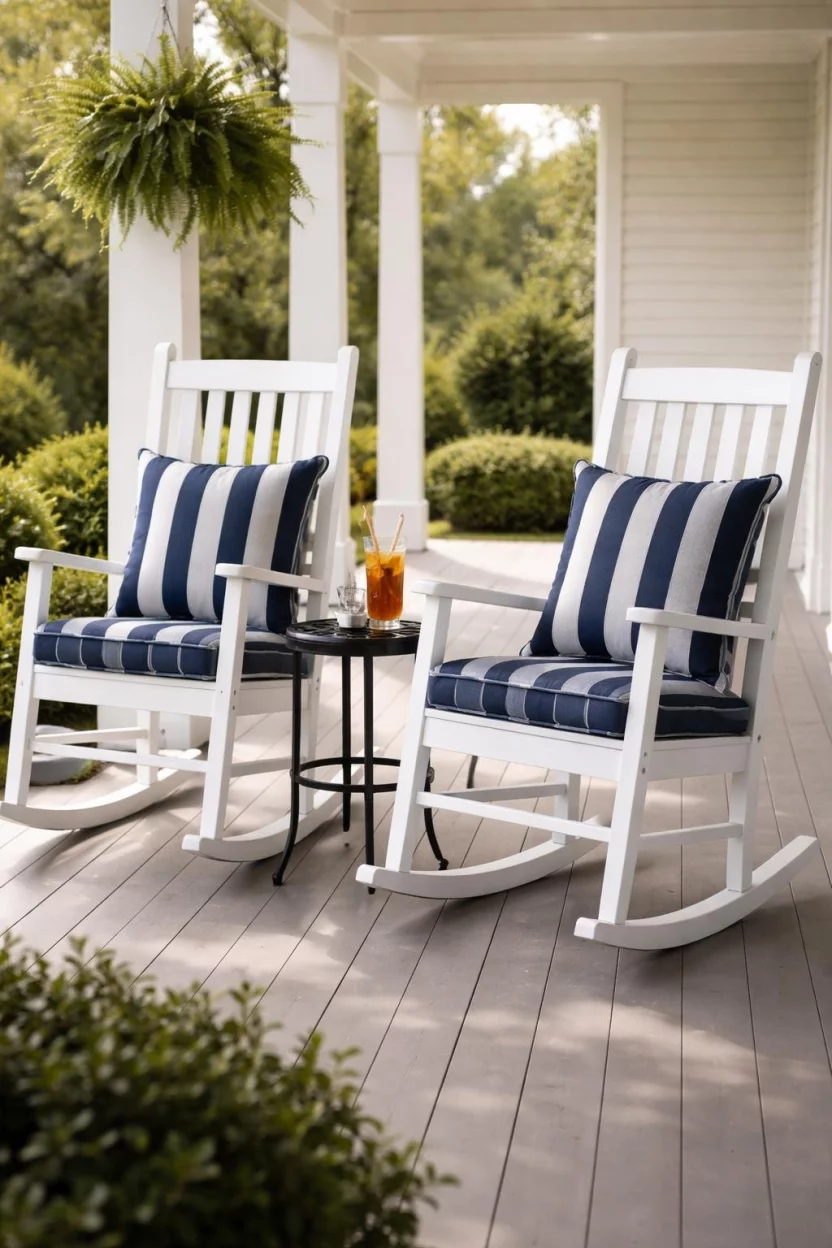 A realistic photo of a white porch featuring two classic white wooden rocking chairs with navy blue striped cushions and a small black metal side table holding a glass of iced tea.