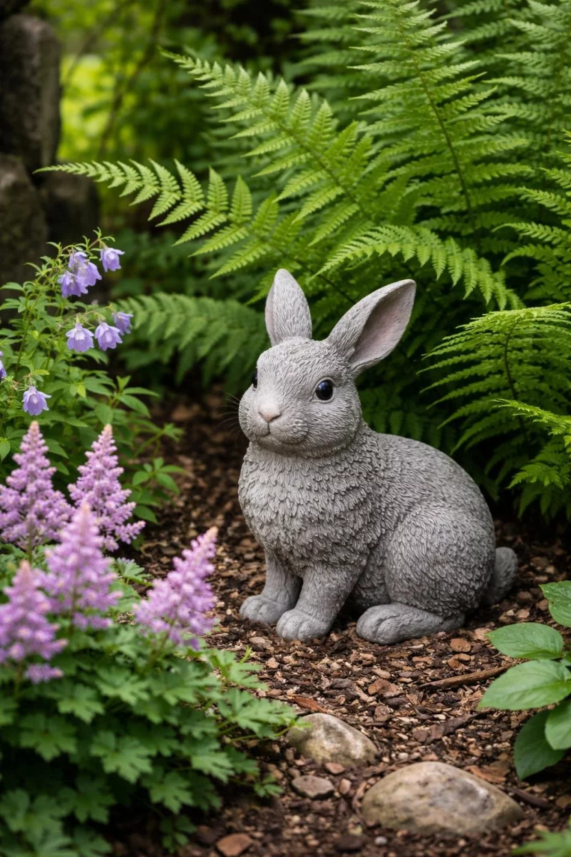 A realistic photo of a garden featuring a small grey resin rabbit statue sitting among green ferns and purple flowers in a shaded corner.