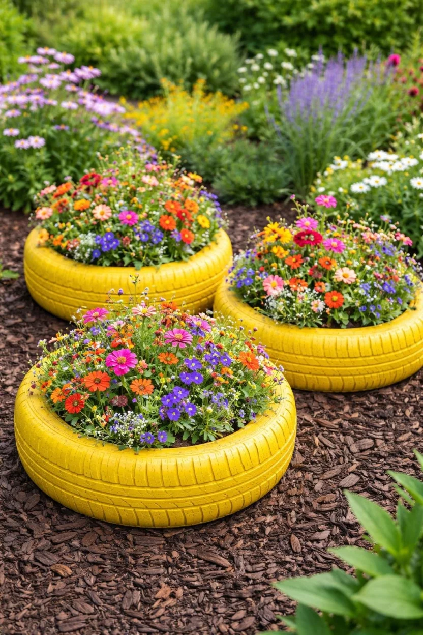 A realistic photo of a garden with three bright yellow painted tires used as planters for colorful wild flowers sitting on a bed of dark brown mulch.