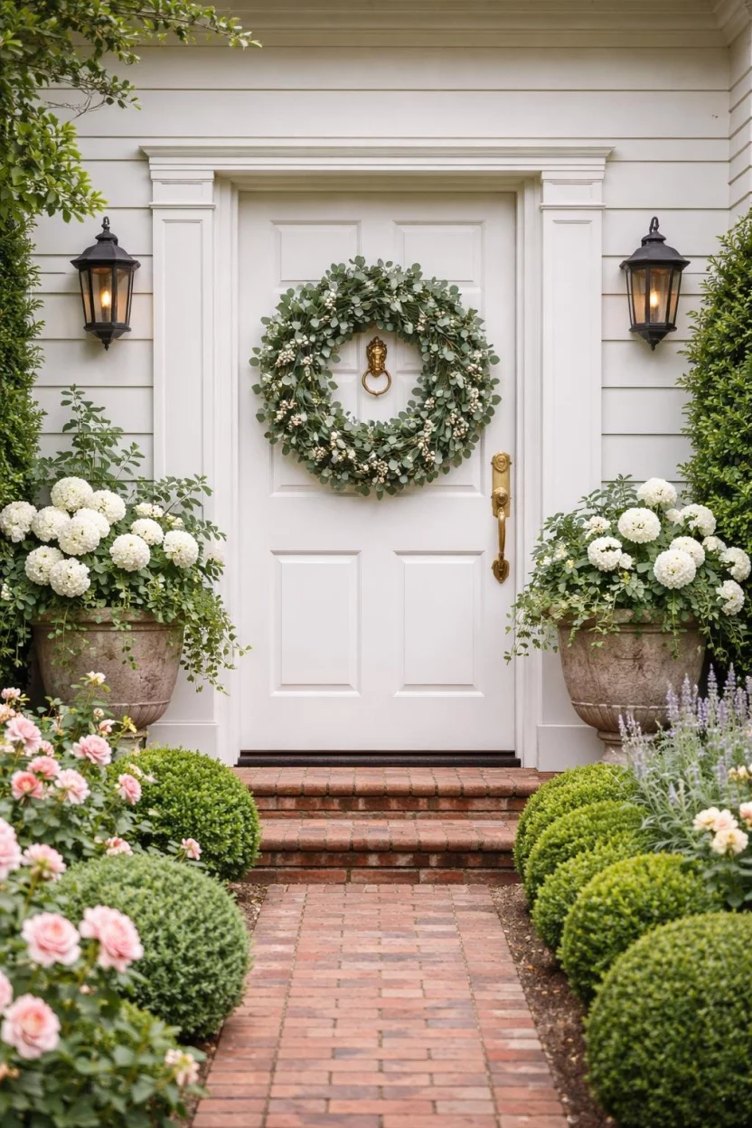 A realistic photo of a garden entrance with a large green eucalyptus wreath hanging on a white front door featuring a brass knocker.