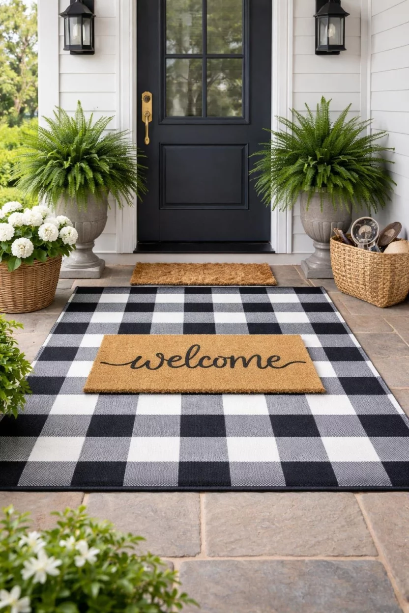 A realistic photo of a garden porch with a large black and white buffalo check rug underneath a smaller natural coir doormat that says welcome.