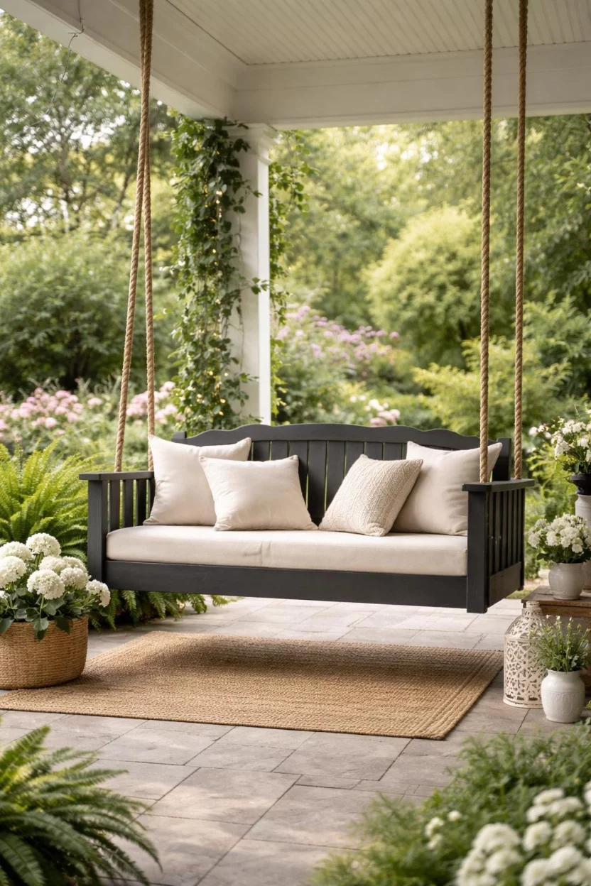 A realistic photo of a garden porch area with a dark grey wooden porch swing hanging by thick ropes and decorated with cream outdoor throw pillows.