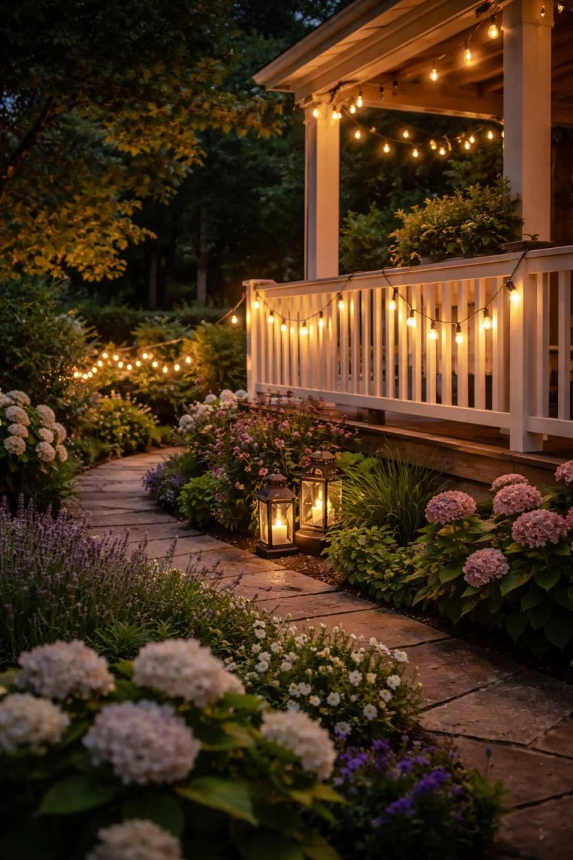 A realistic photo of a garden at night with warm white Edison bulb string lights draped along a porch railing with a cozy glow.