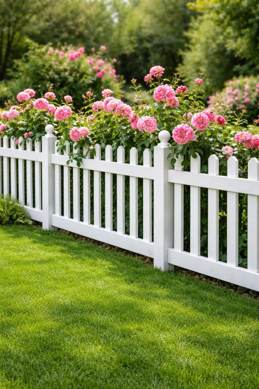 A realistic photo of a garden with a short white vinyl picket fence bordering a lush green lawn with pink rose bushes peeking over the top.