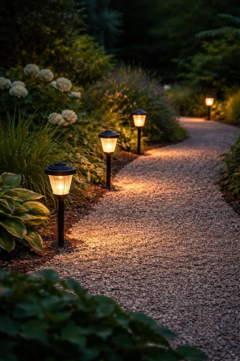 A realistic photo of a garden with black solar path lights illuminating a gravel walkway at twilight with glowing warm yellow light and dark green foliage in the background.