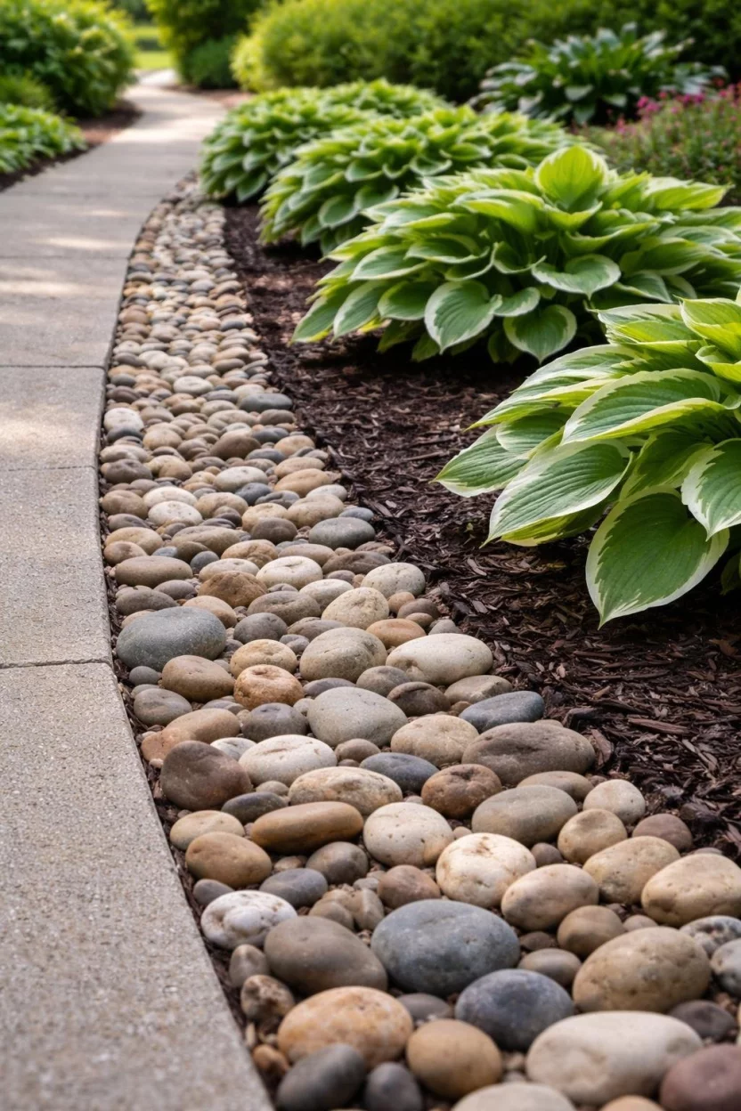 A realistic photo of a garden path lined with smooth mixed color river rocks next to a dark mulch flower bed and green hostas.