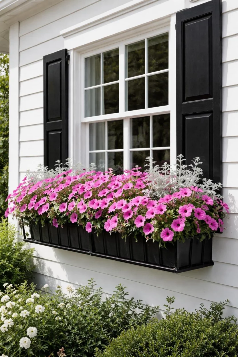 A realistic photo of a garden window with a black metal window box filled with pink petunias and white dusty miller plants against a white farmhouse wall.