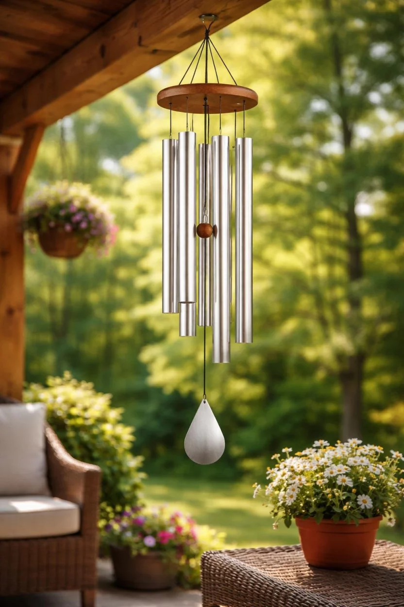 A realistic photo of a garden porch with silver aluminum wind chimes hanging from a wooden beam with a blurred background of green trees.