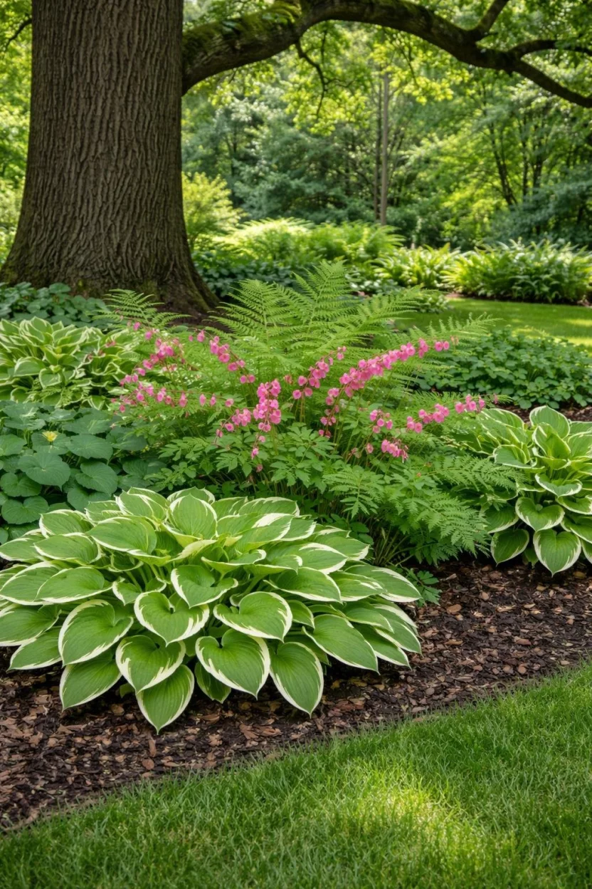 A realistic photo of a shaded front yard garden under a large oak tree featuring bright green hostas with white edges, bleeding hearts, and delicate ferns on a bed of dark leaf mulch.