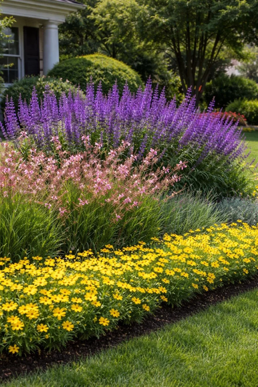 A realistic photo of a layered front yard flower bed with tall purple salvia in the back, pink gaura in the middle, and bright yellow coreopsis as a ground cover border.