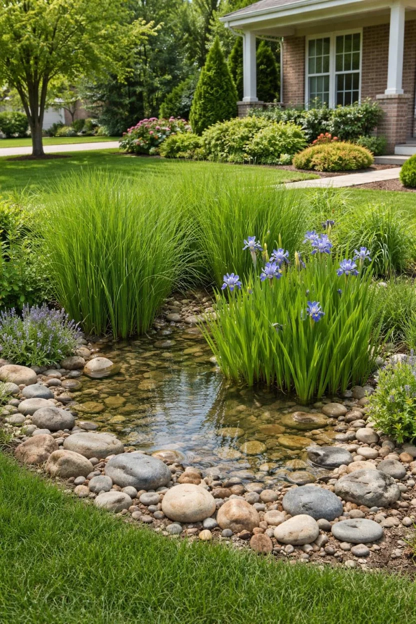A realistic photo of a rain garden in a shallow front yard depression with deep green switchgrass, blue water irises, and smooth river stones designed to capture rainwater.