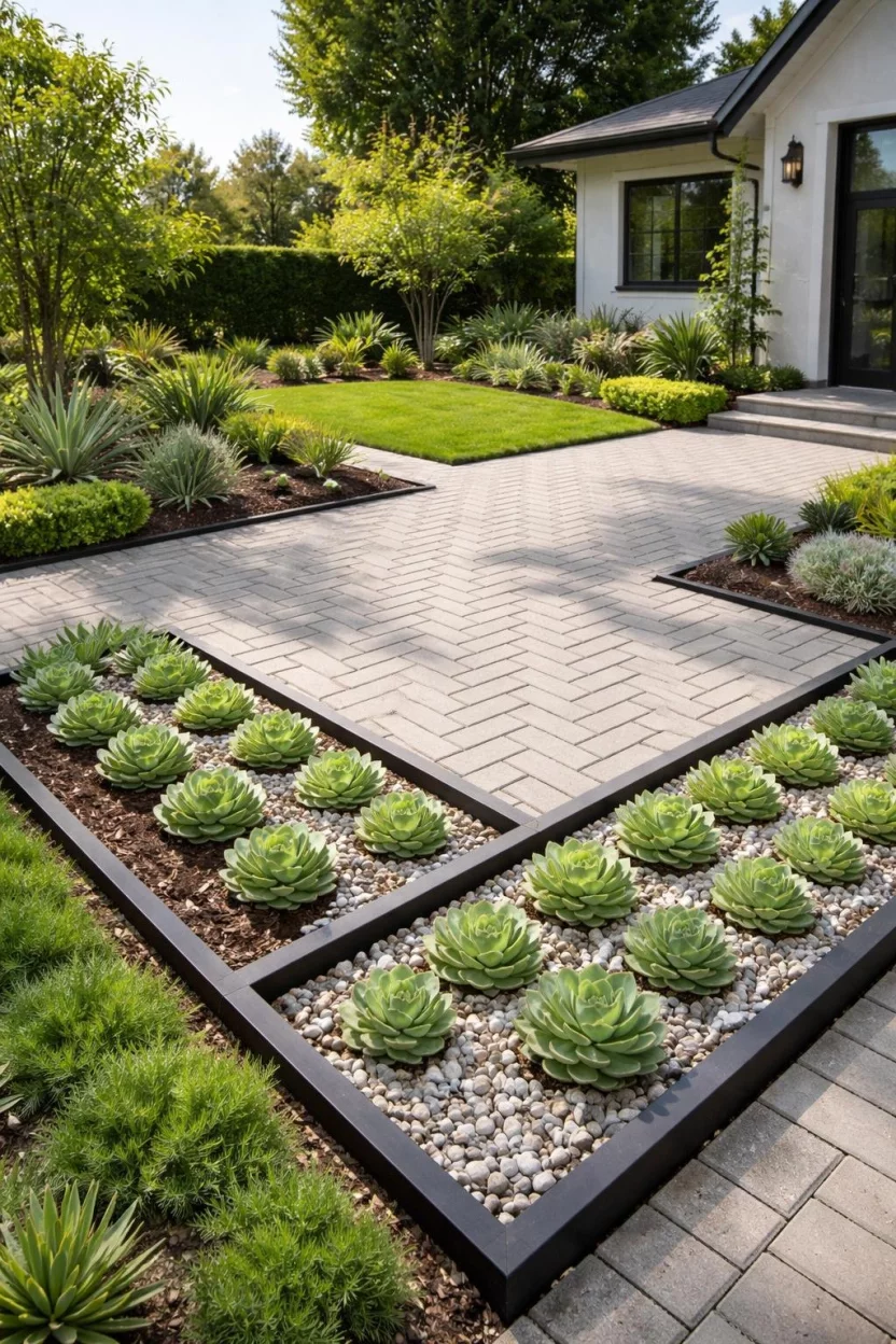 A realistic photo of a front yard garden with a herringbone pattern paver patio, small square planting beds with neat rows of green succulents, and architectural metal edging.