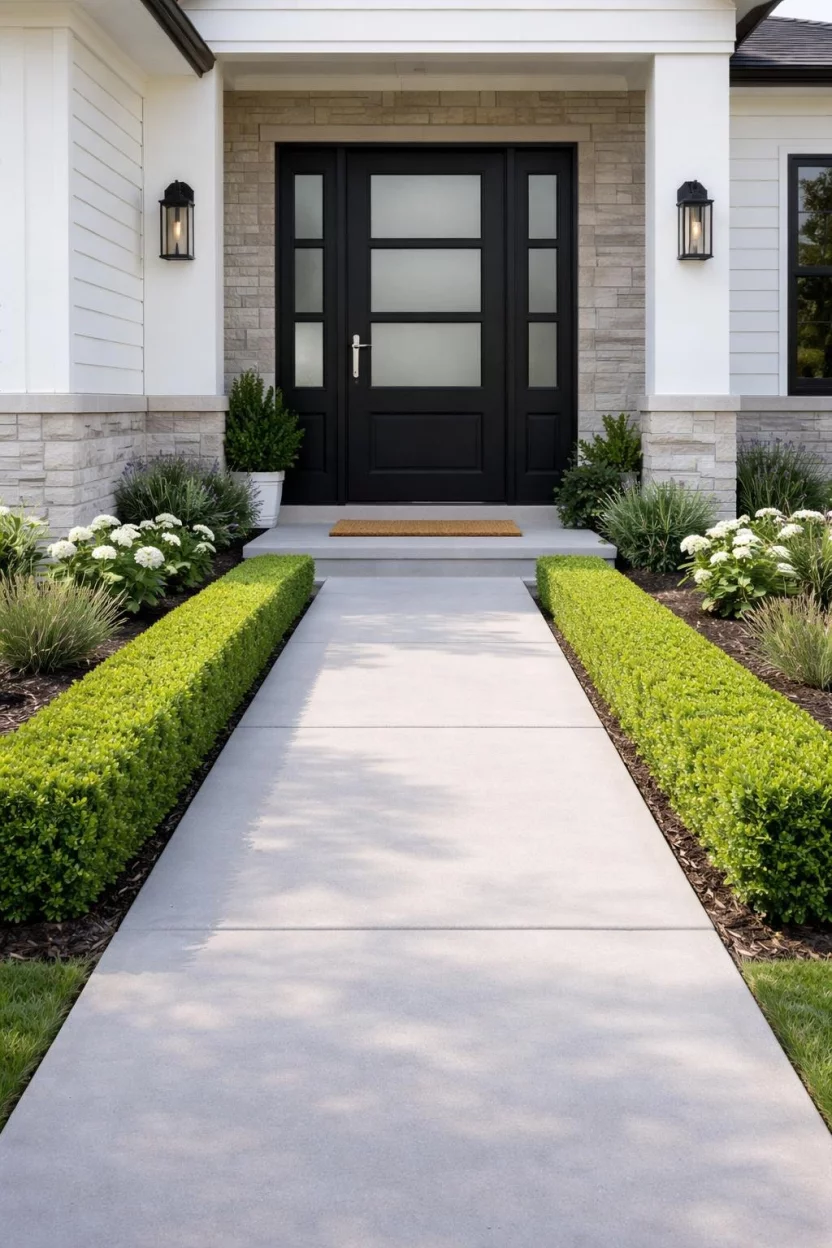 A realistic photo of a front yard entrance with a low ten-inch tall boxwood hedge bordering a concrete walkway leading to a modern black front door.