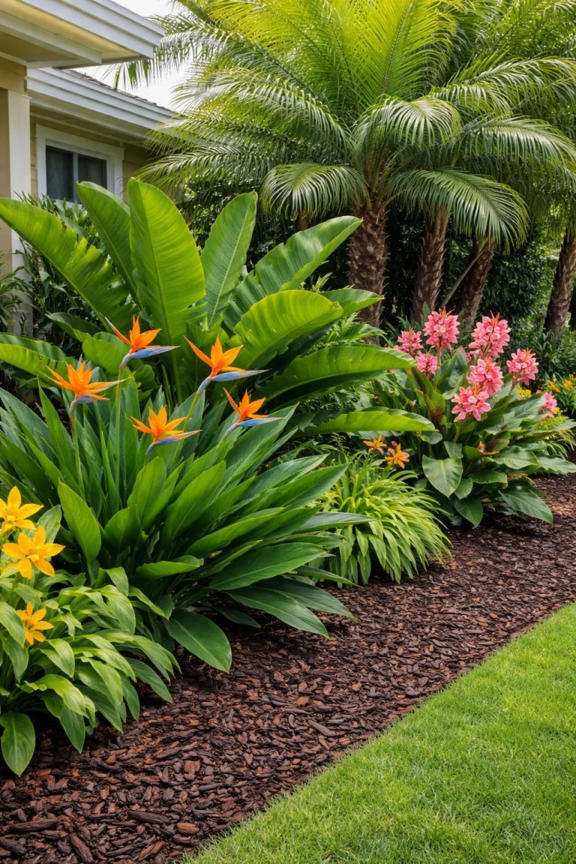 A realistic photo of a tropical-style front yard garden featuring large green palm fronds, bright orange bird-of-paradise flowers, and pink canna lilies with a thick mulch of dark wood chips.