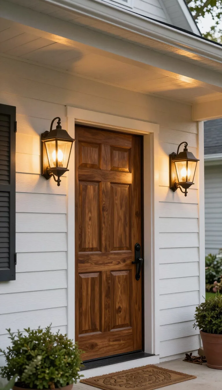 Warm Lantern Sconces Framing A Craftsman Front Porch A realistic photo of a typical American home's front yard showing a pair of bronze craftsman style lantern sconces mounted on either side of a heavy wood front door, the warm yellow light reflects off the porch ceiling.