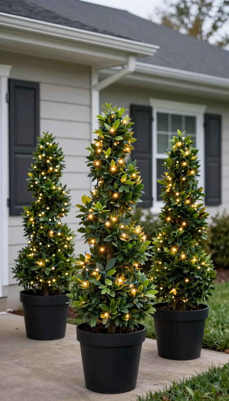 Fairy Lights Wrapped Around Front Yard Topiary Trees A realistic photo of a typical American home's front yard showing green spiral topiary trees in black pots, tightly wrapped with tiny warm white fairy lights that sparkle against the dark leaves.