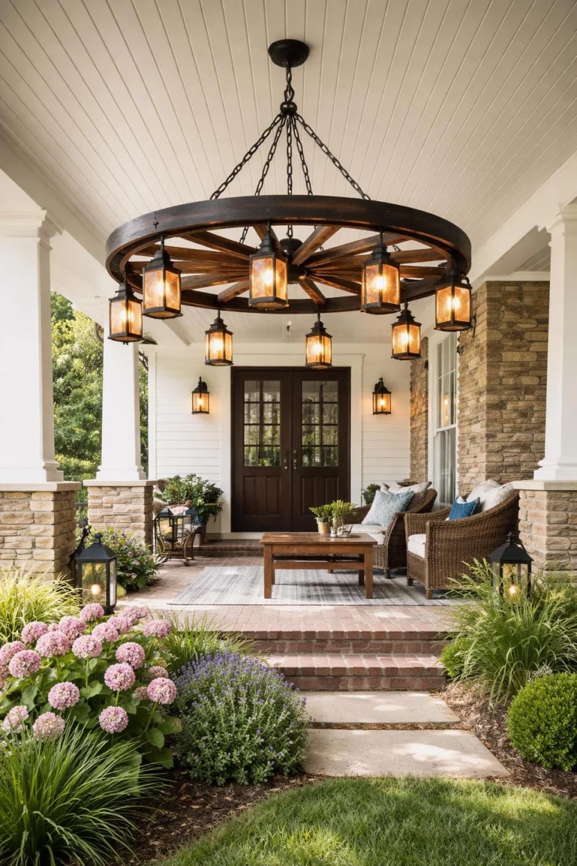 Rustic Wagon Wheel Chandelier On A Farmhouse Porch A realistic photo of a typical American home's front yard featuring a large dark wood wagon wheel chandelier with amber glass bulb covers, hanging from the center of a covered farmhouse porch.
