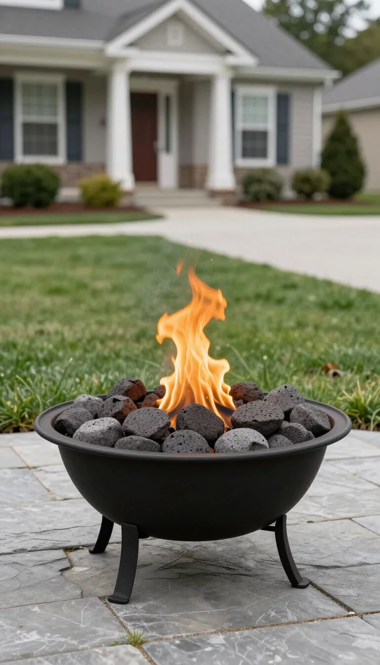 Fire Bowl Lighting As A Bold Front Yard Focal Point A realistic photo of a typical American home's front yard featuring a low profile black iron fire bowl filled with gray lava rocks and a real flickering orange flame, sitting on a stone patio near the driveway.