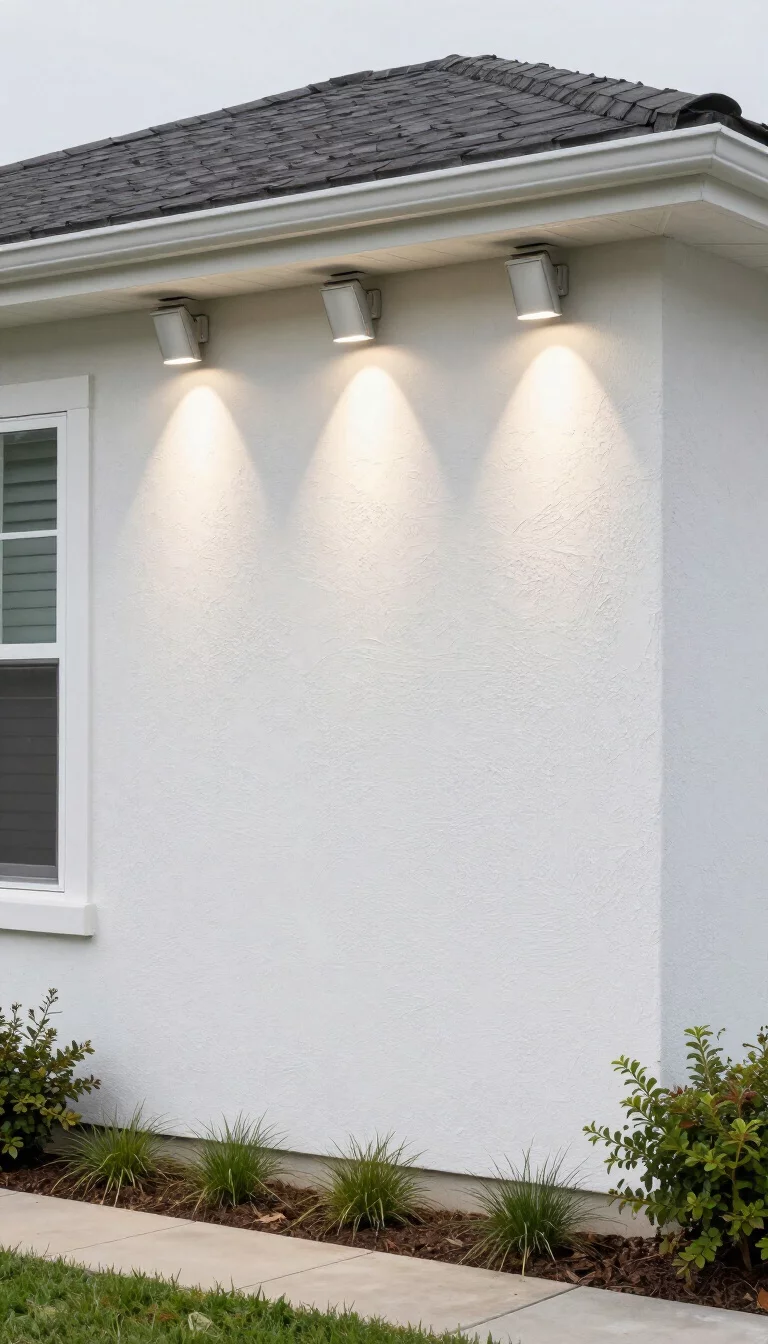 Minimalist Wall Wash Lights On A Stucco Facade A realistic photo of a typical American home's front yard with silver rectangular wall wash lights mounted low on a white stucco exterior, sending wide fans of light upward to highlight the wall texture.