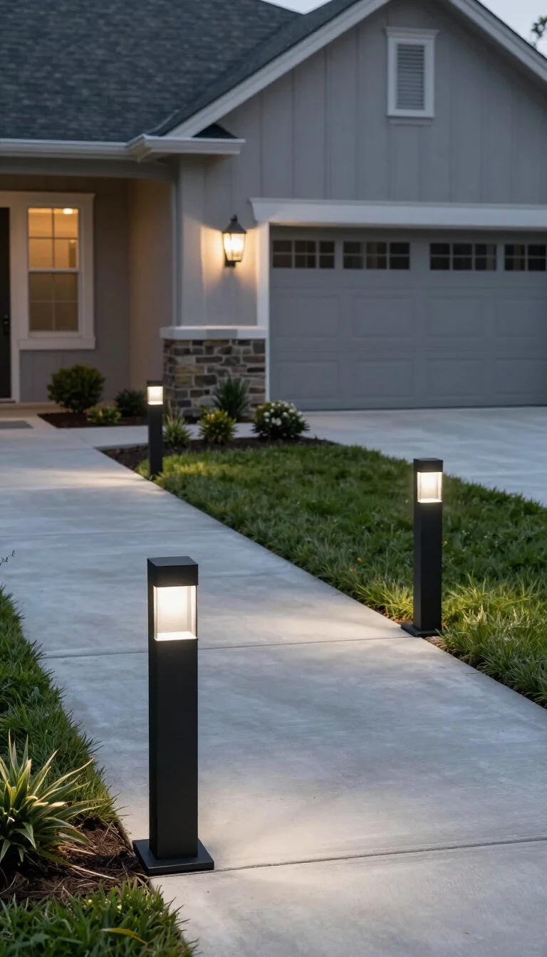 Modern Pathway Bollard Lights With Clean Concrete Borders A realistic photo of a typical American home's front yard featuring tall black finish modern bollard lights installed alongside a crisp gray concrete walkway with minimalist landscaping, the scene glows with soft white LED illumination at dusk.