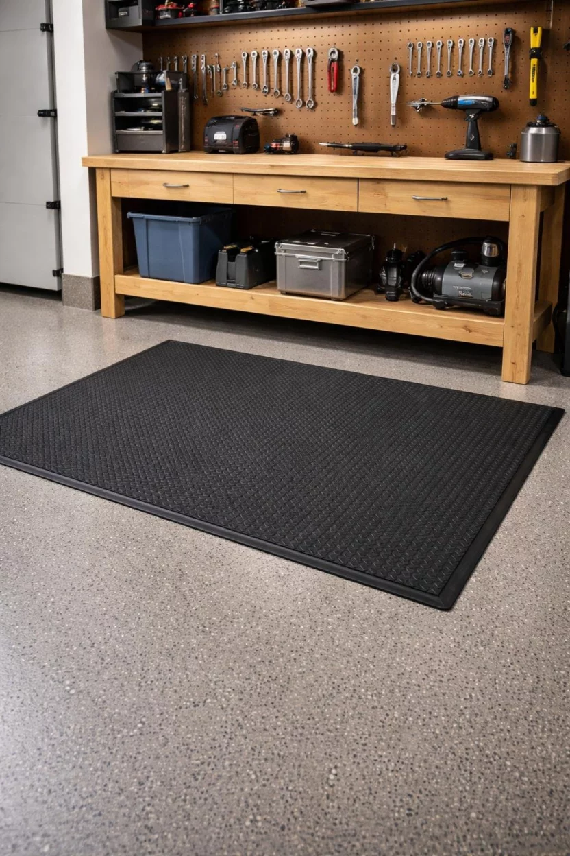 A realistic photo of a garage with a thick black rubber floor mat featuring a textured surface placed directly in front of a sturdy wooden workbench.