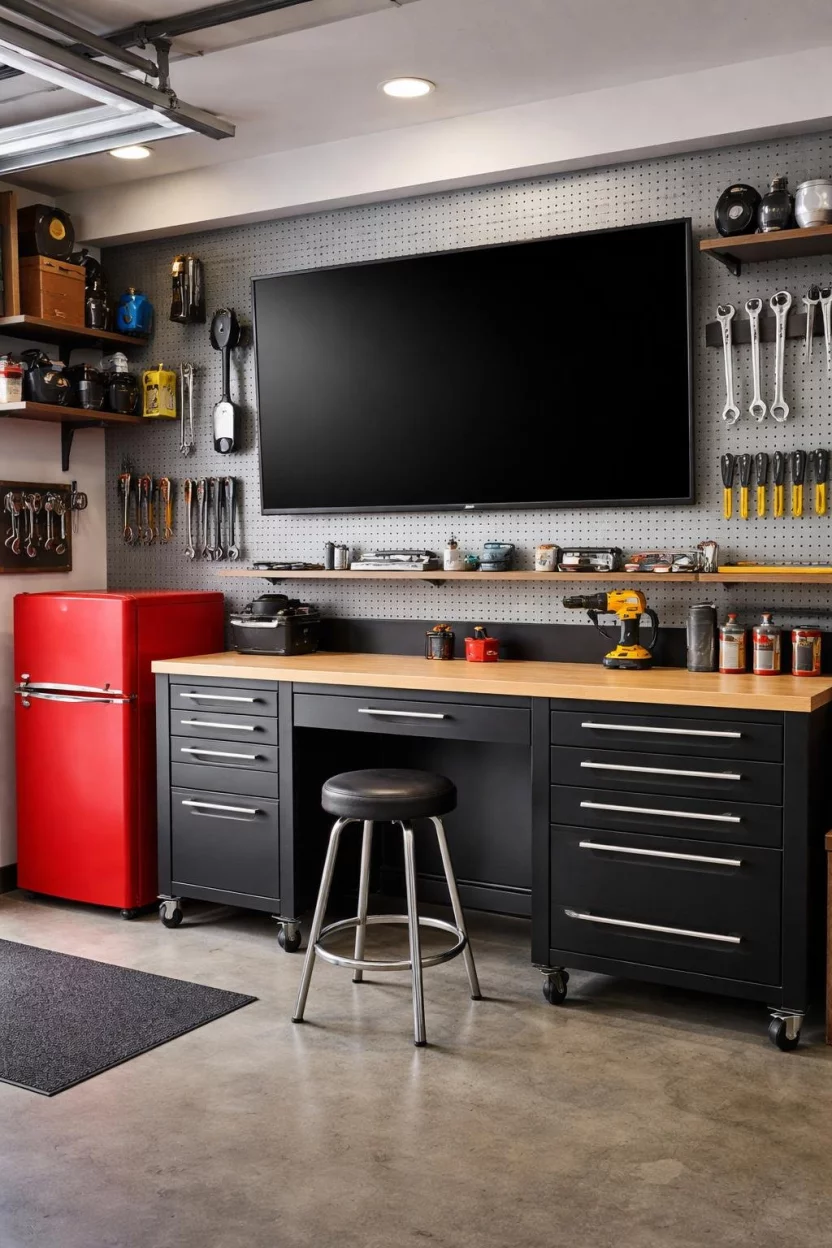 A realistic photo of a garage workshop with a large flat screen television mounted on the wall above a black workbench next to a small red refrigerator.