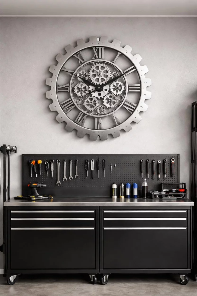 A realistic photo of a garage wall with a large decorative silver metal gear shaped wall clock hanging above a black tool storage cabinet.