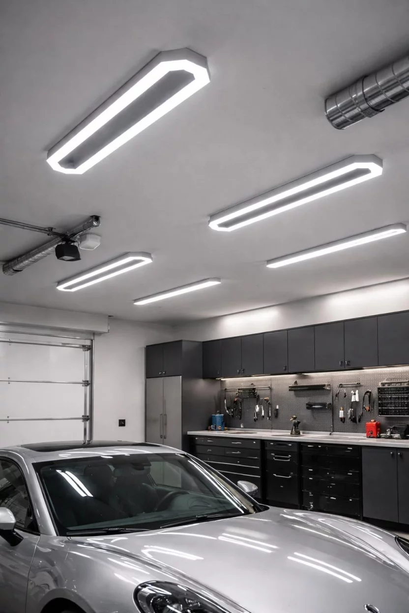 A realistic photo of a garage ceiling with several long silver hexagonal led lights and linear shop lights illuminating a clean workspace and silver car below.