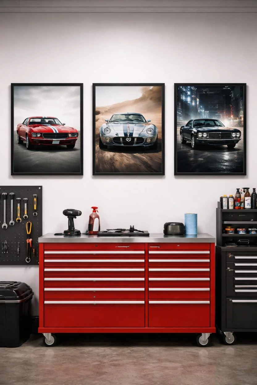 A realistic photo of a garage wall decorated with three large framed vintage car posters in black frames hanging above a clean red tool chest.