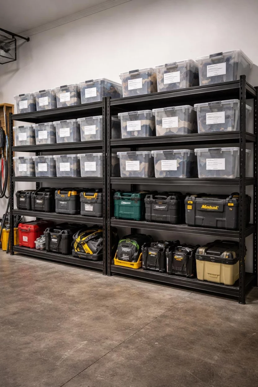 A realistic photo of a garage garage wall lined with heavy duty black metal shelving units holding neatly labeled clear plastic storage bins and power tool cases.