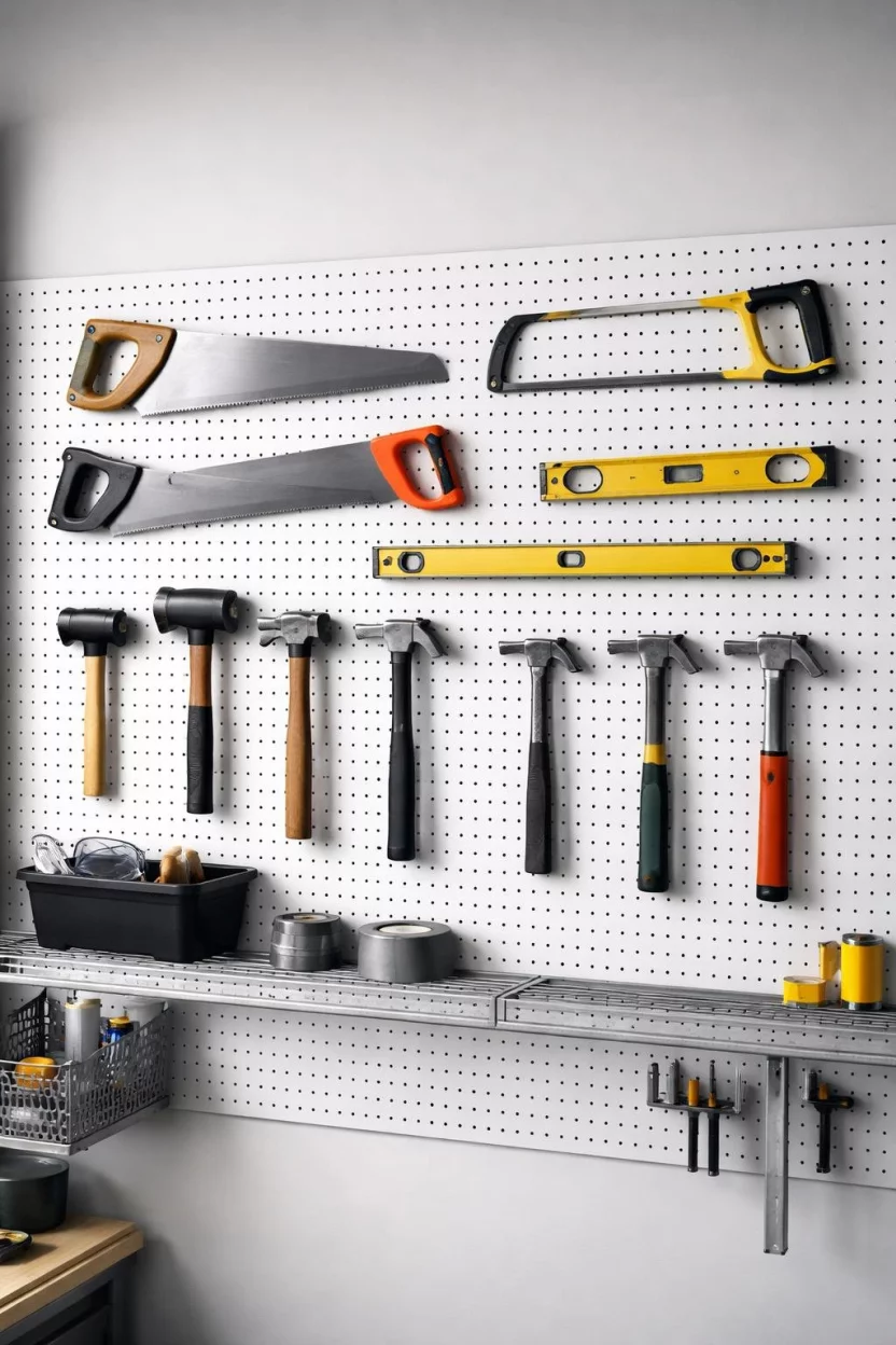 A realistic photo of a garage wall covered in a large white pegboard featuring various black metal hooks holding saws and hammers and levels in a perfectly organized grid.