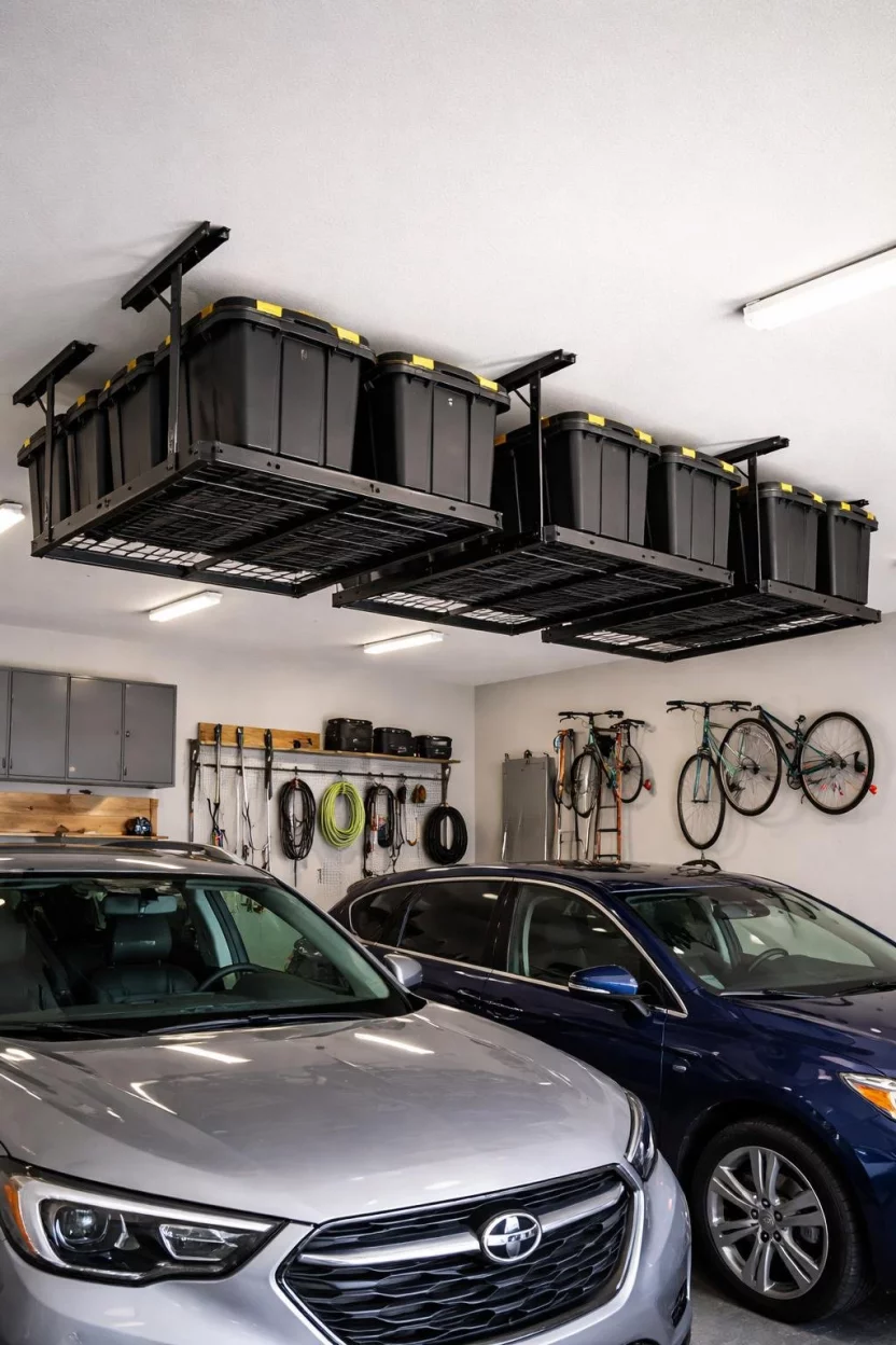 A realistic photo of a garage ceiling with several black metal overhead storage racks holding large black plastic bins securely above the parked vehicles.