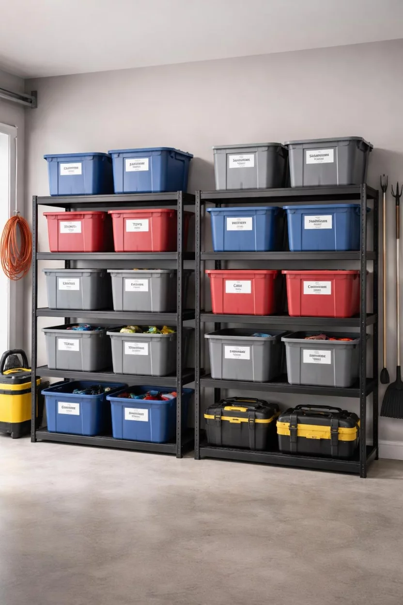 A realistic photo of a garage with black metal shelves holding a variety of blue and red and gray plastic storage bins with printed labels on the front.