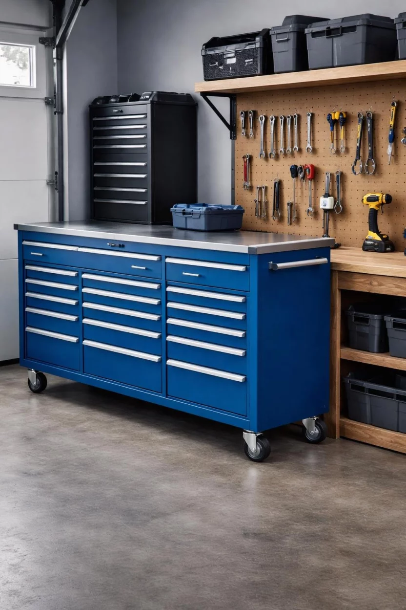 A realistic photo of a garage featuring a large blue powder coated rolling tool chest with silver handles and several drawers parked next to a wooden workbench.