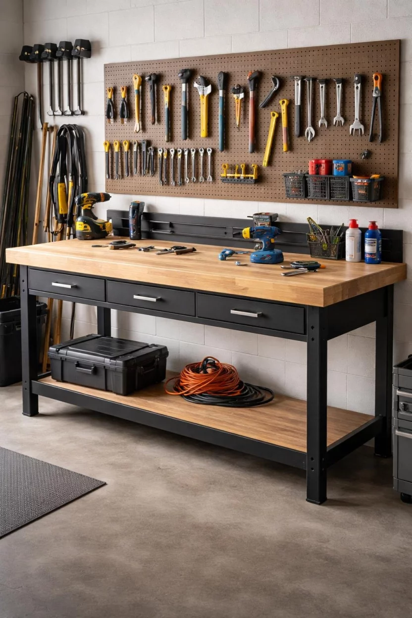 A realistic photo of a garage featuring a sturdy wooden workbench with a thick butcher block top and a black metal frame surrounded by various hand tools.