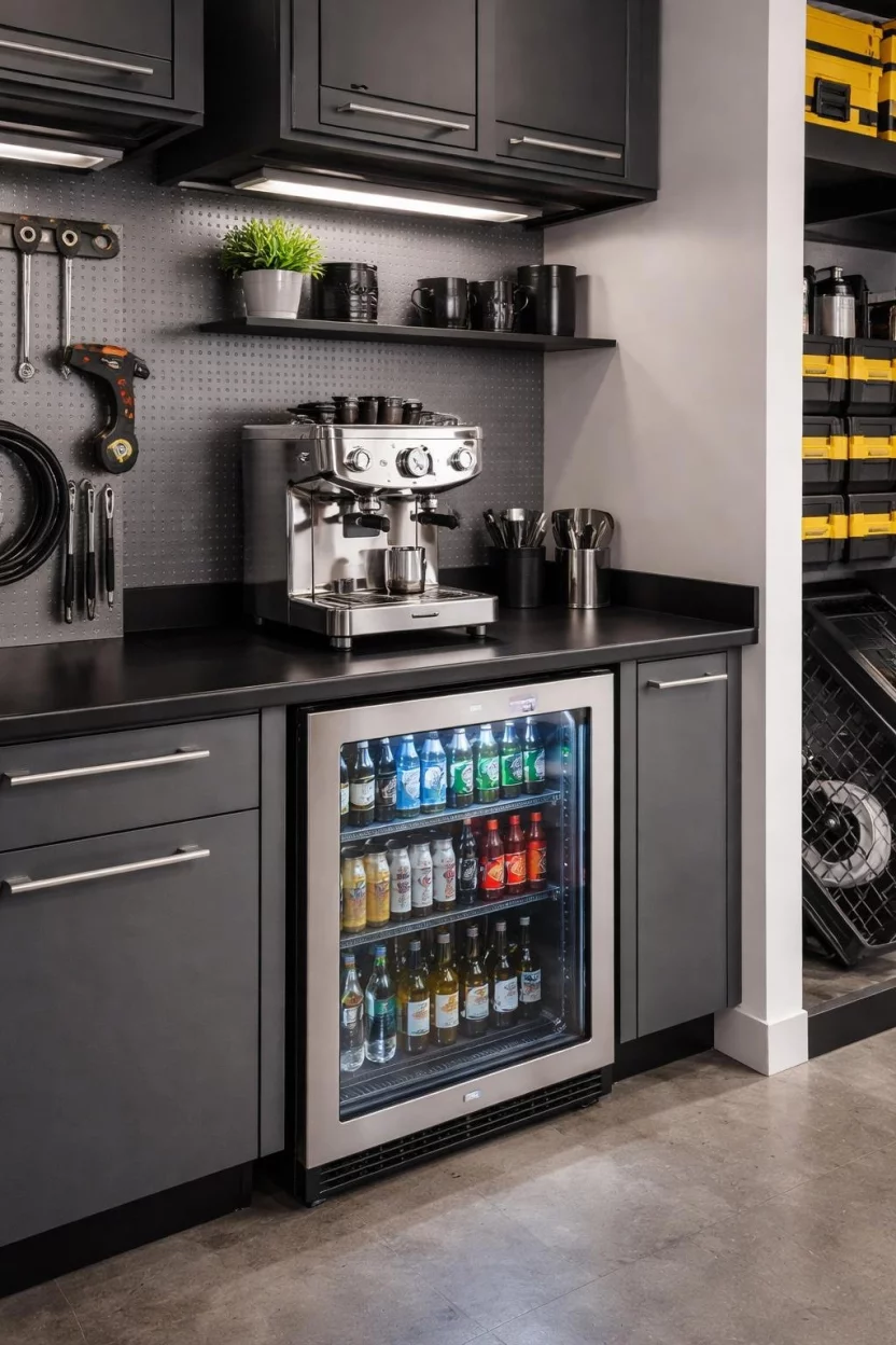 A realistic photo of a small corner in a garage with a black countertop holding a silver espresso machine and a small glass front beverage refrigerator below.