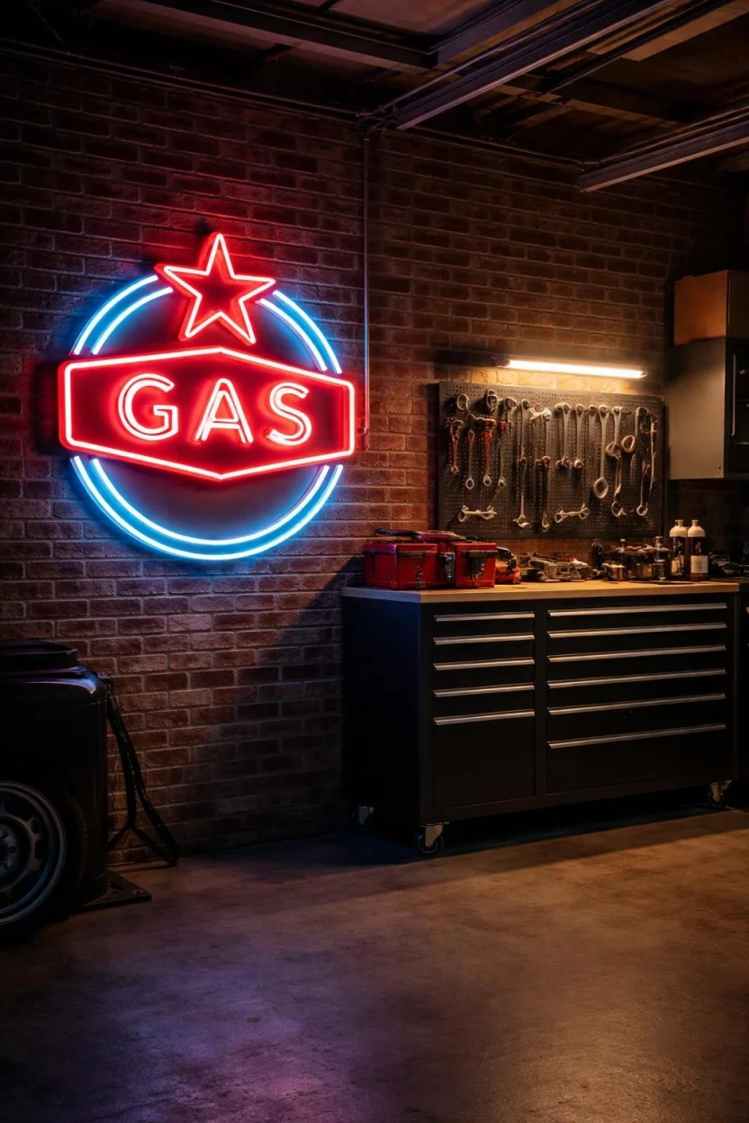 A realistic photo of a garage interior at night with a glowing red and blue neon sign shaped like a classic gas station logo mounted on a brick wall near a tall black rolling tool cabinet.