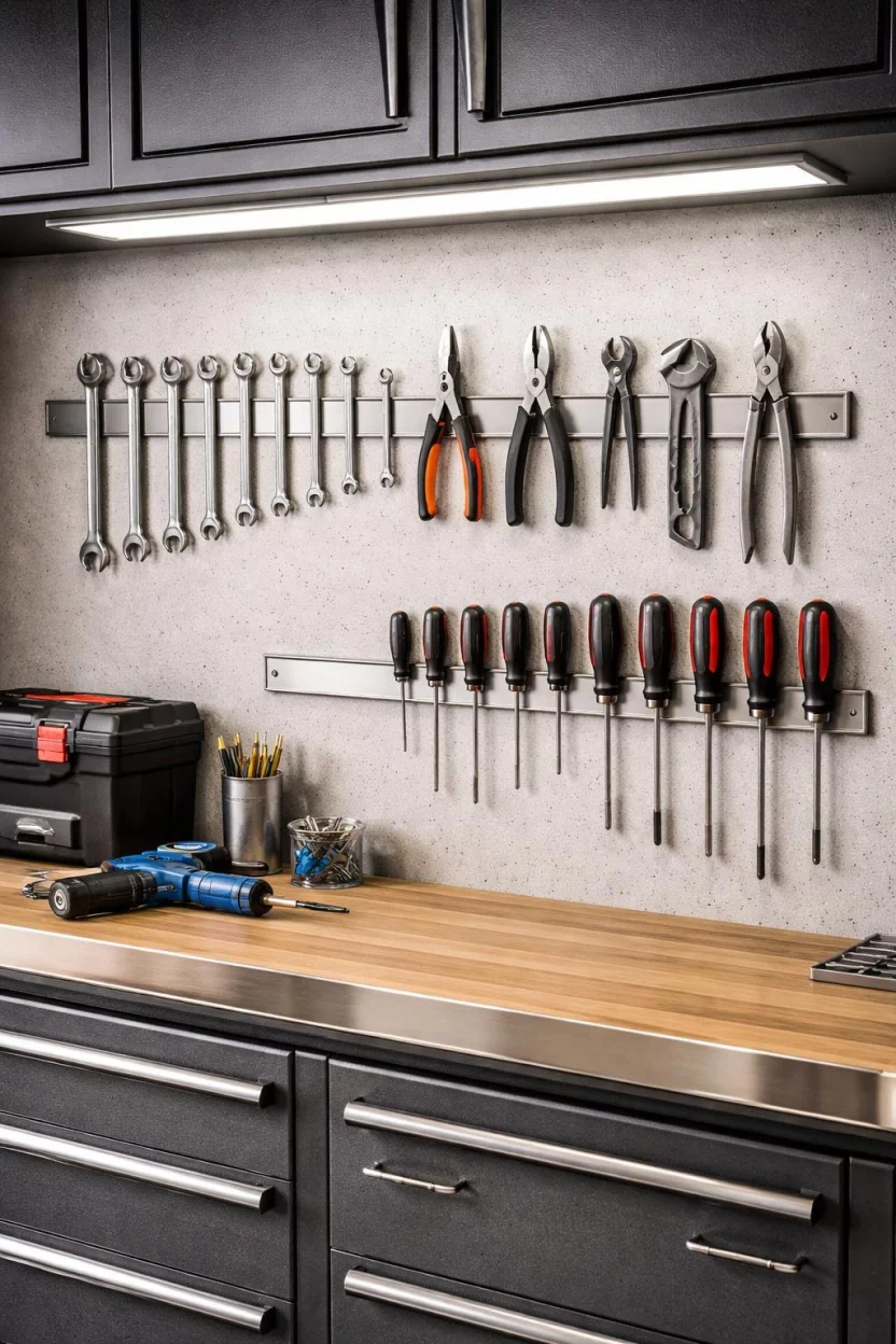 A realistic photo of a garage interior featuring long silver magnetic tool strips mounted on a wall above a workbench, holding several steel wrenches, pliers, and screwdrivers in a perfectly straight and organized row.