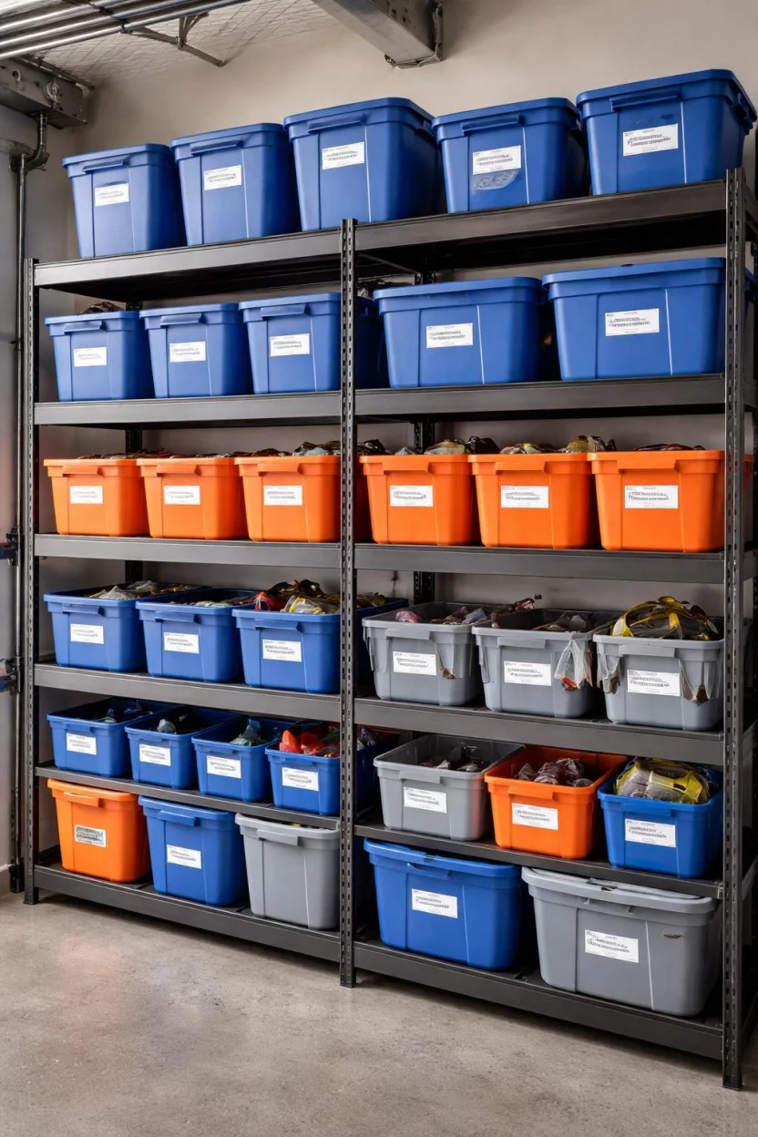 A realistic photo of a garage interior showing a wall of shelves filled with blue and orange plastic storage bins with clear white labels on the front of each one.